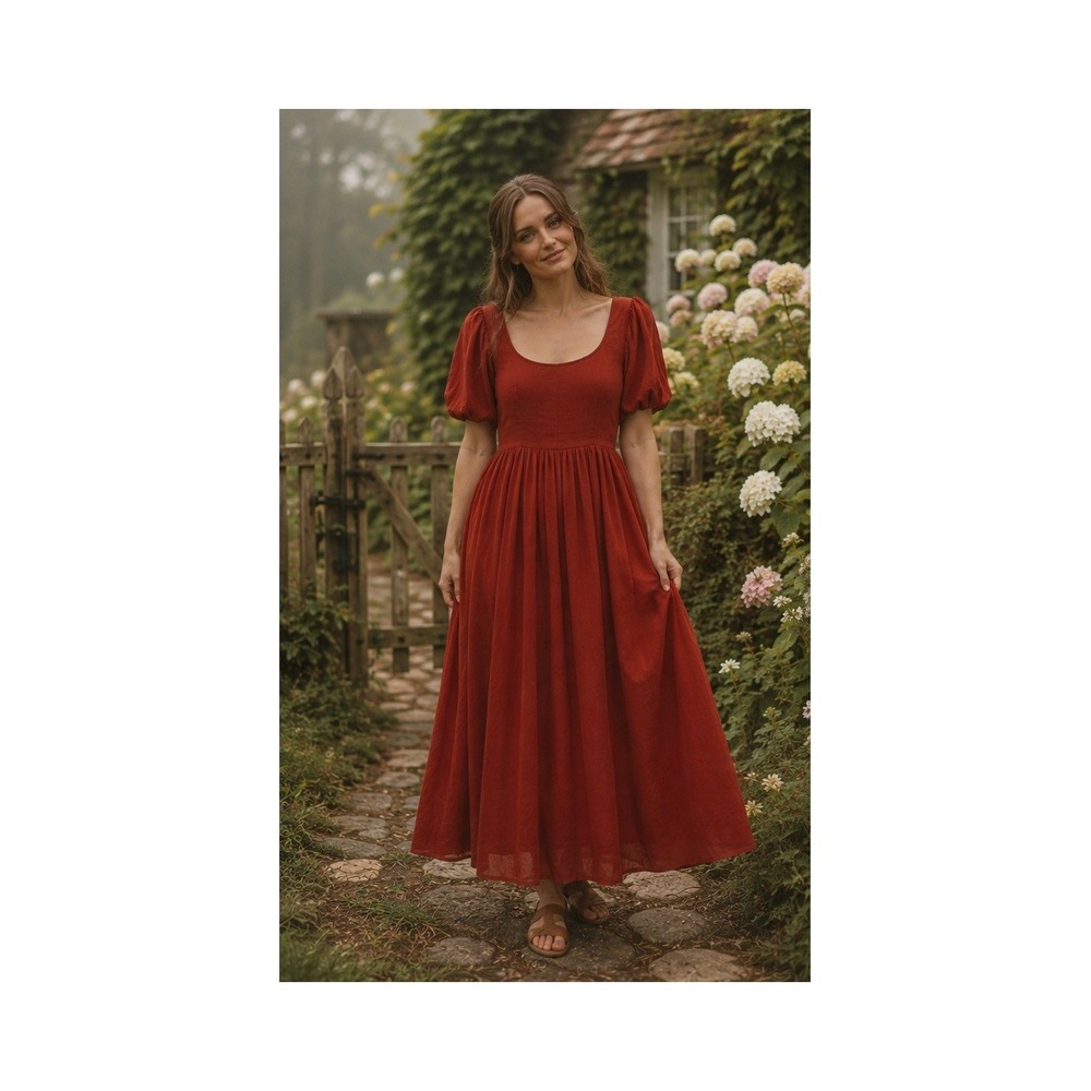 Little Cottonwood Brook Linen Dress Rust Red Puff Sleeve Smocked Midi Medium